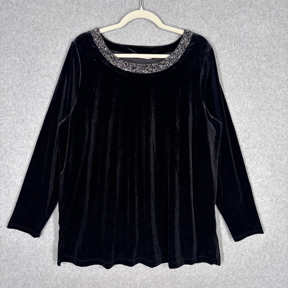 Velvet Embellished Tunic Top XL Black Rhinestone Flowy Whimsigoth Y2K 90s‎ Party